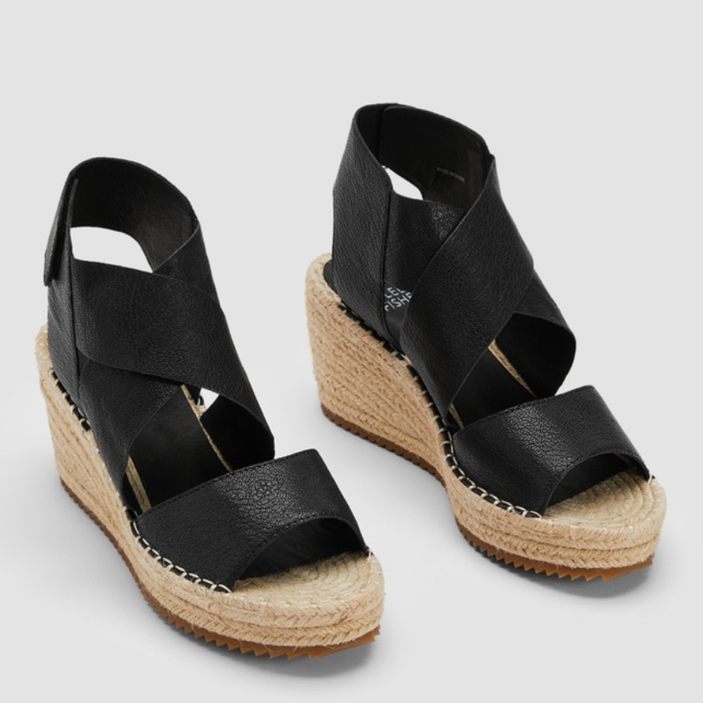 NWT Eileen Fisher Willow tumbled black leather wedge espadrille Sz 7.5 - Picture 2 of 12